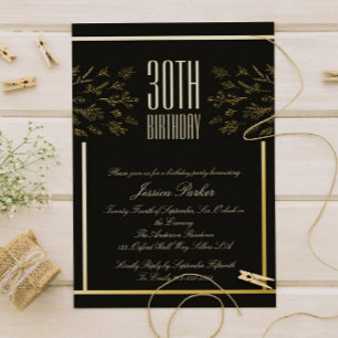 Elegant Black and Golden Floral Minimal Invitation Foil Invitation