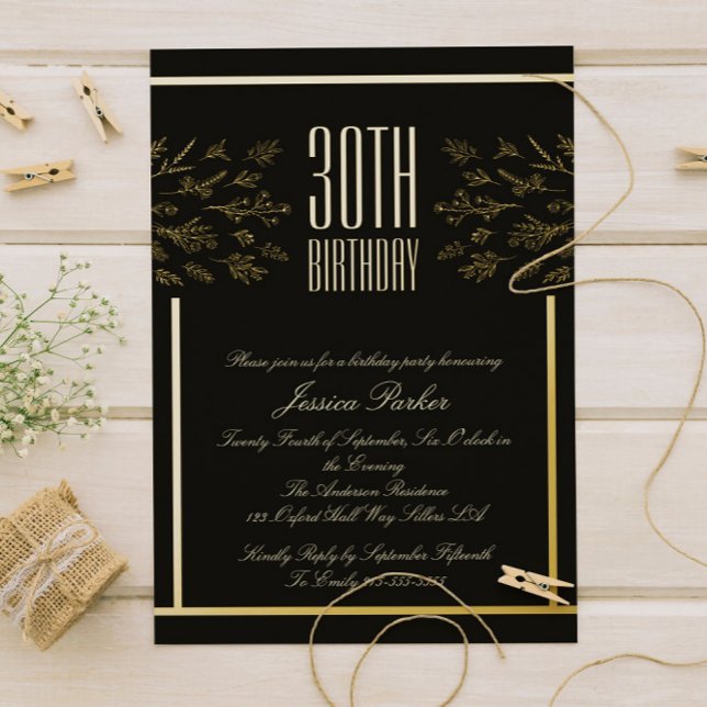 Elegant Black and Golden Floral Minimal Invitation Foil Invitation (Creator Uploaded)
