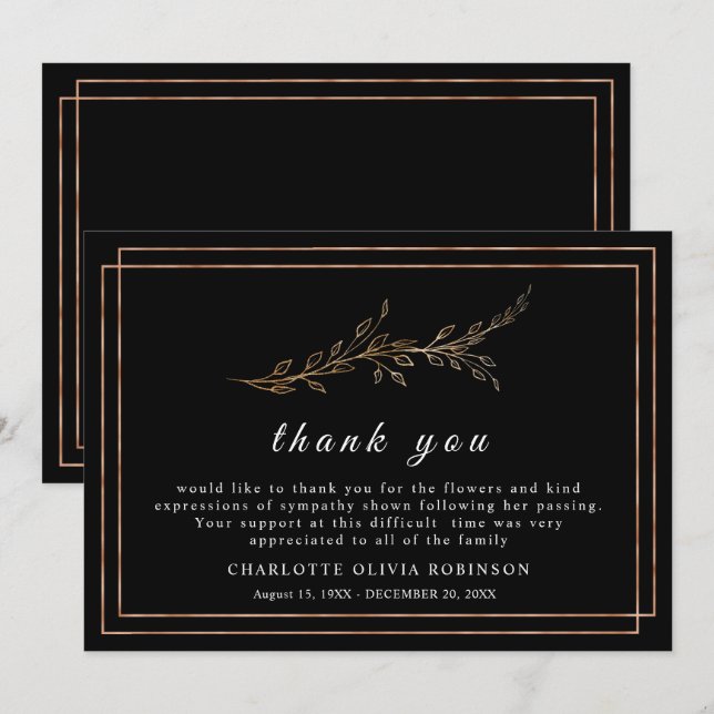 Elegant Black and Golden  Floral Thank You Card (Front/Back)