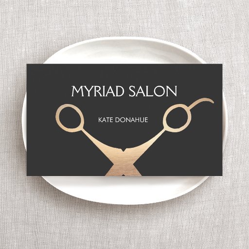 Customizable Elegant Gold Scissors Hair Stylist Salon Black Double-Sided Standard Business Cards (Pack Of 100)