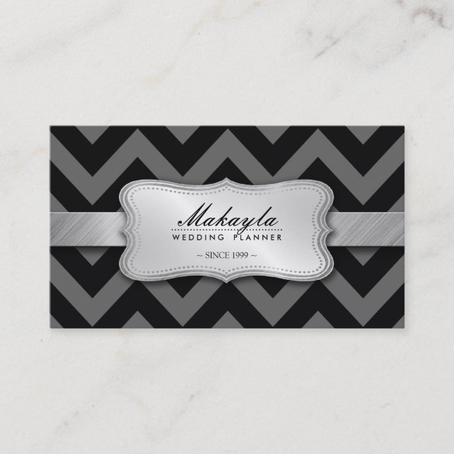 Elegant Black and Gray Chevron Pattern Business Card (Front)