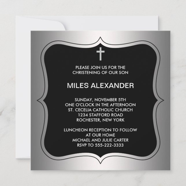 Elegant Black and Gray Christening Invitation (Front)