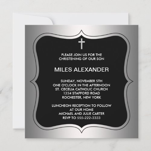 Elegant Black and Gray Christening Personalized Announcements