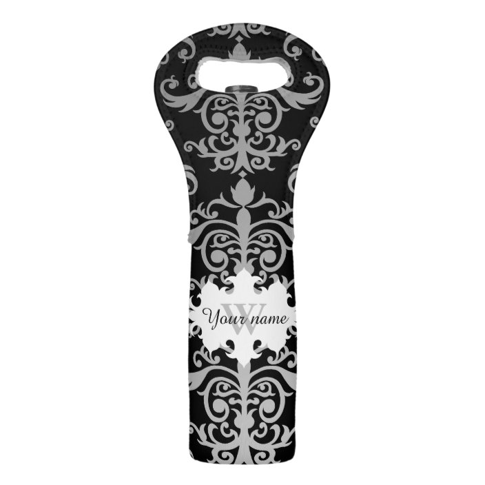 Elegant black and gray damask personalized wine bag