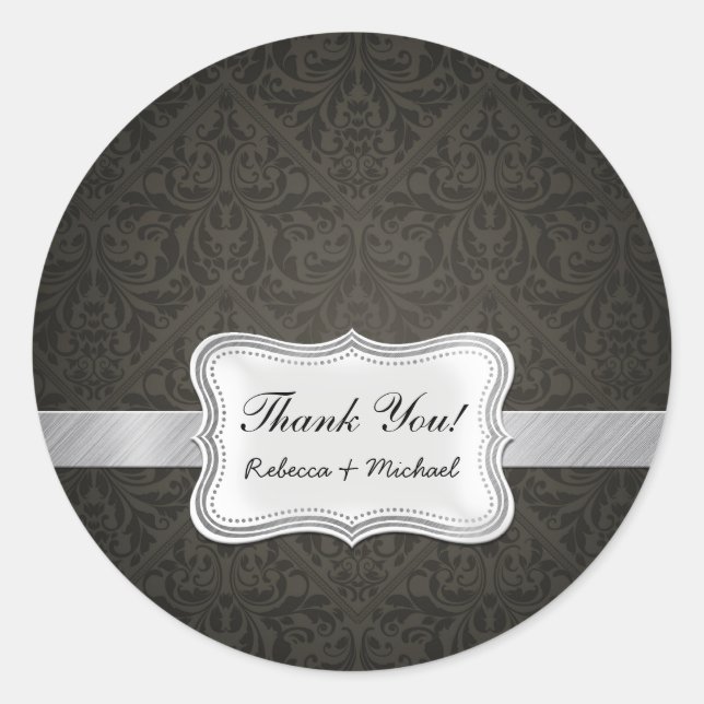 Elegant Black and Gray Damask Thank You Classic Round Sticker (Front)