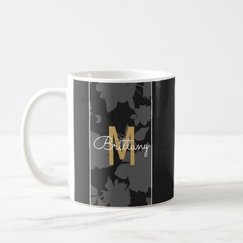 Elegant Black And Gray Floral Gold Monogram Coffee Mug by SimpleMonograms at Zazzle