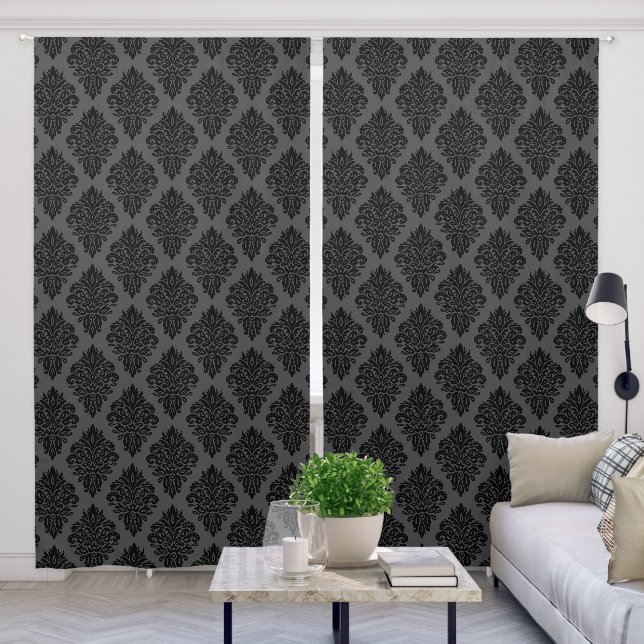 Elegant Black and Gray Velvet Damask Blackout Curtains (Living Room)