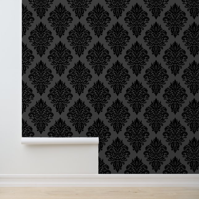 Elegant Black and Gray Velvet Damask Wallpaper (Application)