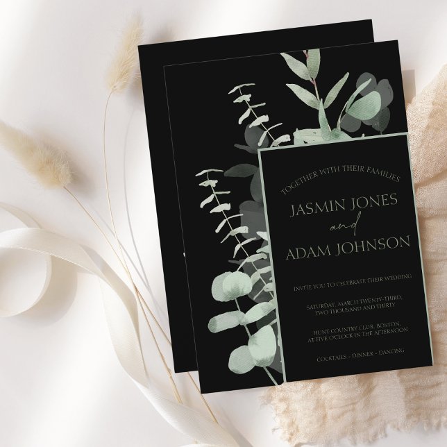 Elegant Black and Green Eucalyptus Wedding Invitation (Creator Uploaded)