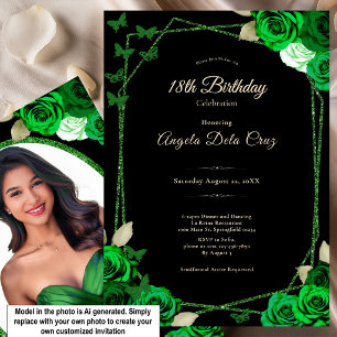 Elegant Black and Green Rose 18th Birthday Debut  Invitation