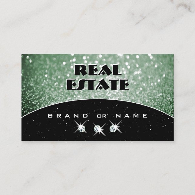 Elegant Black and Green Sparkle Glitter Diamonds Business Card (Front)