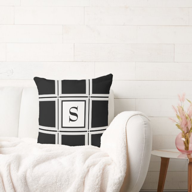 Elegant Black and Grey Custom Single Initial Throw Pillow (Couch)