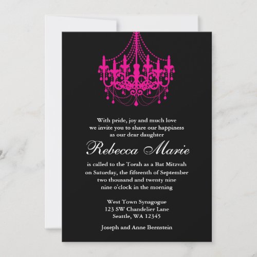 Elegant Black and Hot Pink Chandelier Bat Mitzvah Invitation