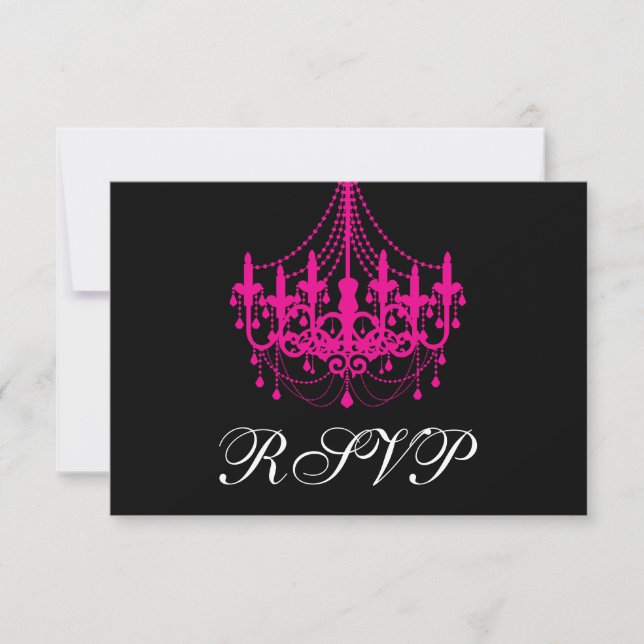 Elegant Black and Hot Pink Chandelier RSVP Card (Front)