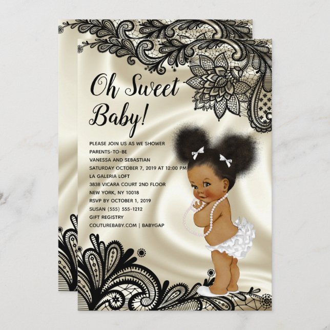 Elegant Black and Ivory Baby Shower Afro Puffs Invitation (Front/Back)