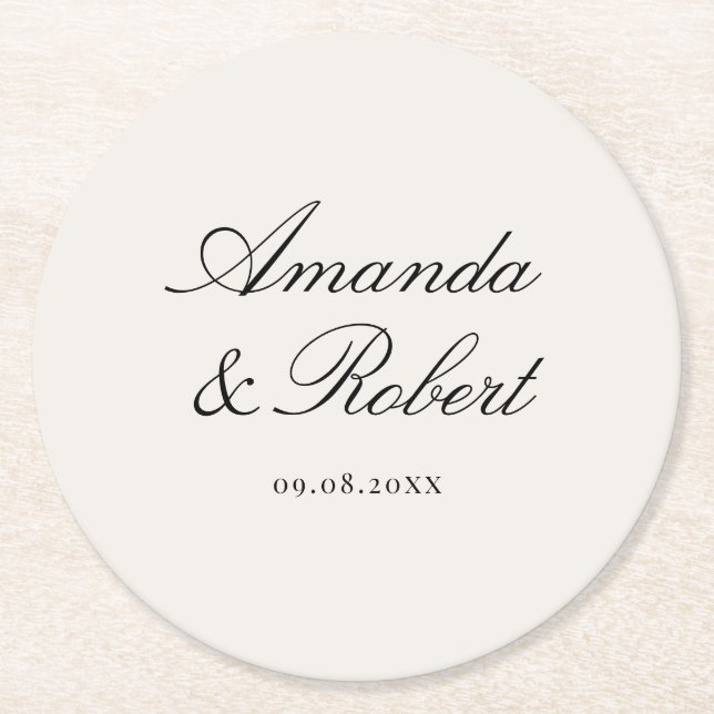 Elegant Black and Ivory Calligraphy Wedding Round Paper Coaster (Front)
