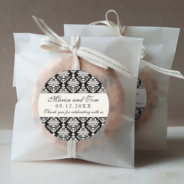 Elegant Black and Ivory Damask Wedding Monogram Classic Round Sticker (Creator Uploaded)