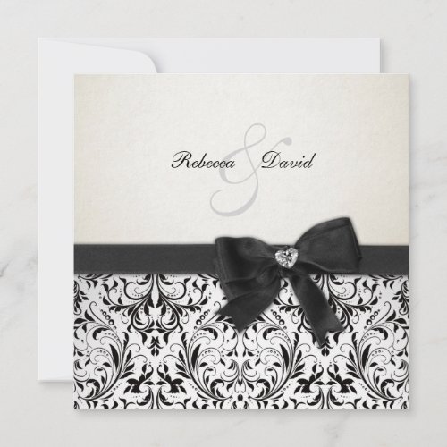 Elegant Black and Ivory Damask with diamond bow Custom Invitation
