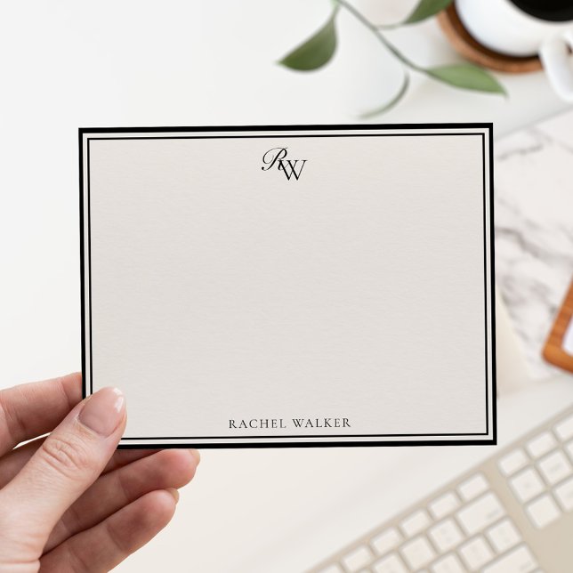 Elegant Black and Ivory Monogram Two Border Note Card (Creator Uploaded)
