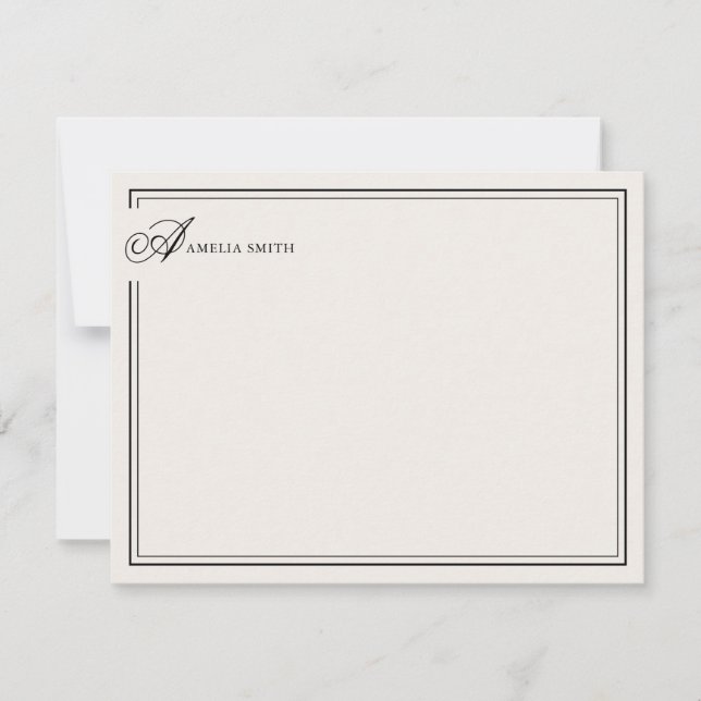 Elegant Black and Ivory Two Border Monogram Note Card (Front)