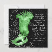 Elegant Black and Lime Green Masquerade Party Invitation (Back)