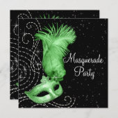 Elegant Black and Lime Green Masquerade Party Invitation (Front/Back)
