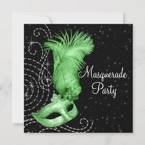 Elegant Black and Lime Green Masquerade Party Personalized Invitation
