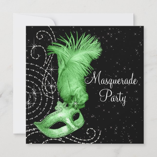 Elegant Black and Lime Green Masquerade Party Invitation (Front)