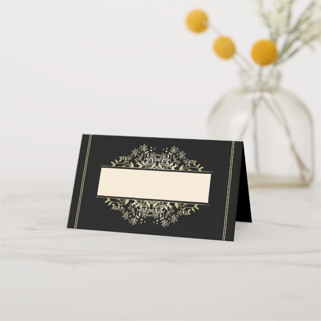 Elegant Black and Linen Gold Wedding Place Card (Front)