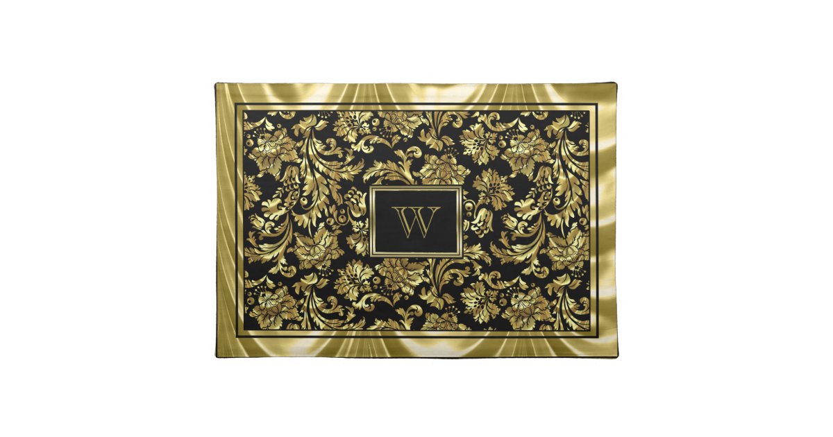 Elegant Black And Metallic Gold Damasks Cloth Placemat | Zazzle