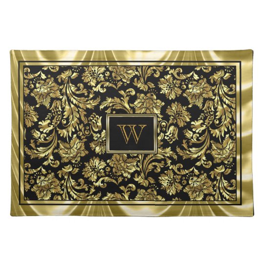 Elegant Black And Metallic Gold Damasks Cloth Placemat