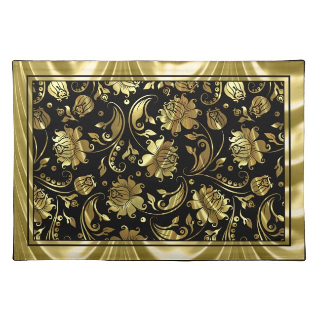 Elegant Black And Metallic Gold Floral Damasks Cloth Placemat (Front)