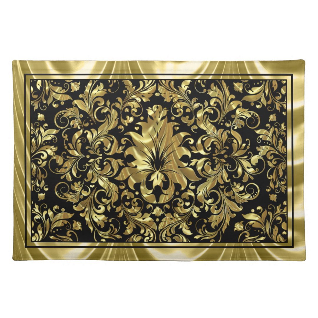 Elegant Black And Metallic Gold Floral Damasks Placemat | Zazzle