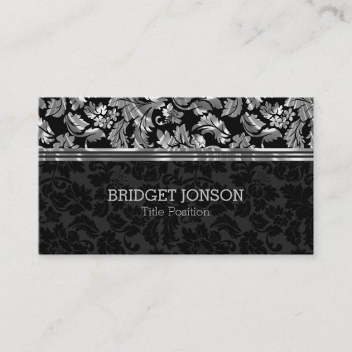 Elegant Black And Metallic Gray Damask Business Card