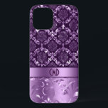 Elegant Black And Metallic Purple Damasks & Lace C iPhone 12 Case<br><div class="desc">Elegant ornate girly vintage floral damasks and lace in black and purple. Custom monogram.</div>