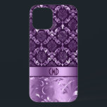 Elegant Black And Metallic Purple Damasks & Lace C iPhone 12 Case<br><div class="desc">Elegant ornate girly vintage floral damasks and lace in black and purple. Custom monogram.</div>