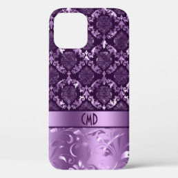 Elegant Black And Metallic Purple Damasks &amp; Lace C iPhone 12 Case