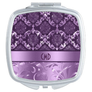 Elegant Black And Metallic Purple Damasks & Lace Compact Mirror