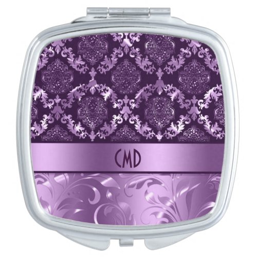 Elegant Black And Metallic Purple Damasks  Lace Compact Mirror