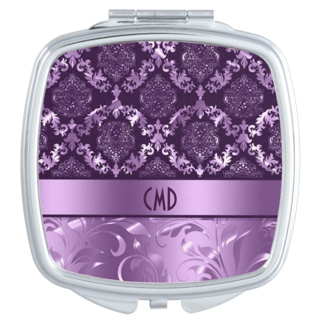 Elegant Black And Metallic Purple Damasks & Lace Compact Mirror (Front)