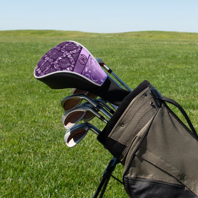 Elegant Black And Metallic Purple Damasks & Lace Golf Head Cover (In Situ)