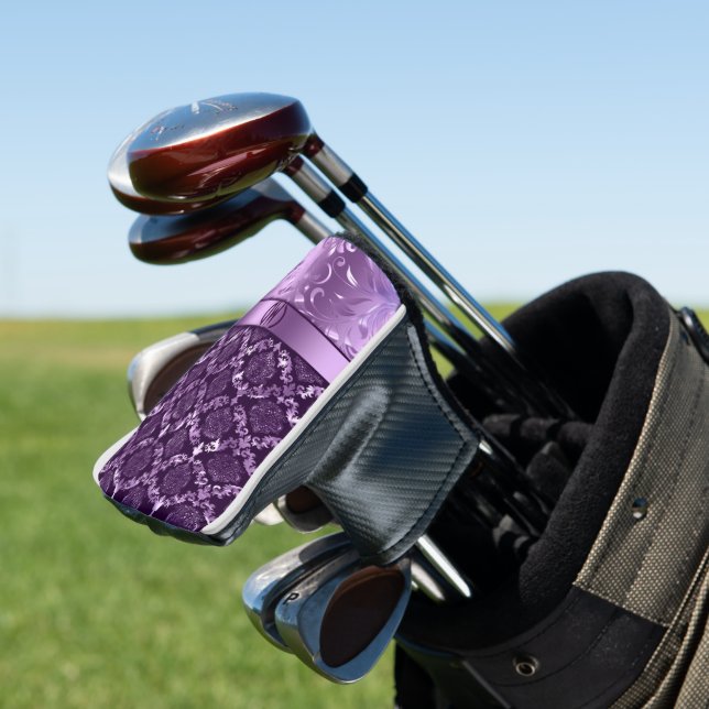 Elegant Black And Metallic Purple Damasks & Lace Golf Head Cover (In Situ)