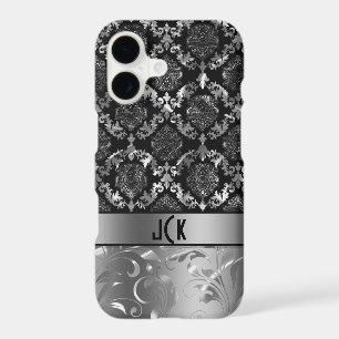 Elegant Black And Metallic Silver Damasks & Lace 2 iPhone 17 Case