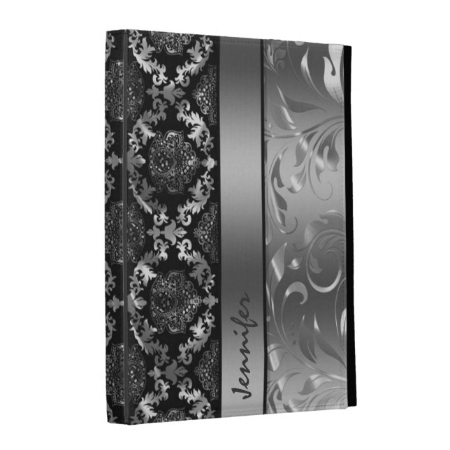 Elegant Black And Metallic Silver Damasks & Lace iPad Folio Case (Front Spine)