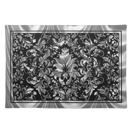 Elegant Black And Metallic Silver Damasks Placemat