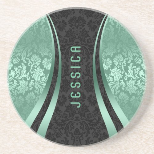 Elegant Black And Mint_green Floral Damasks Coaster
