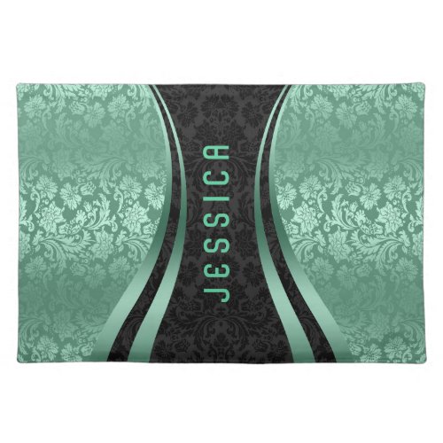 Elegant Black And Mint_Green Floral Damasks Placemat