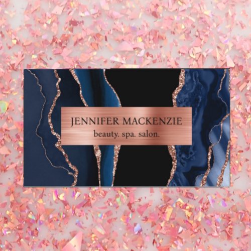 Elegant Black and Navy Blue Rose Gold Agate Luxury Business Card