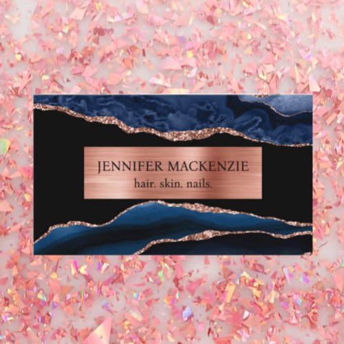 Elegant Black and Navy Blue Rose Gold Agate Luxury Business Card