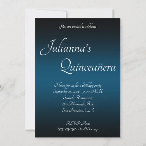 Elegant Black and Ocean Blue Ombre Quinceaera Invitation